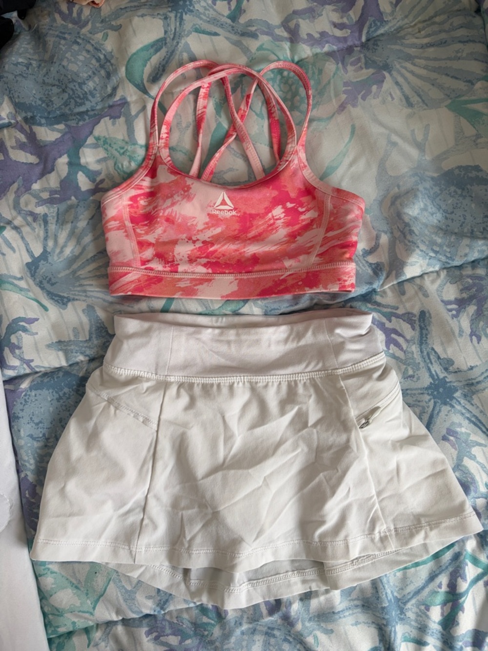 Reebok Pink Tie-Dye Sports Bra with White Athletic Skort Set